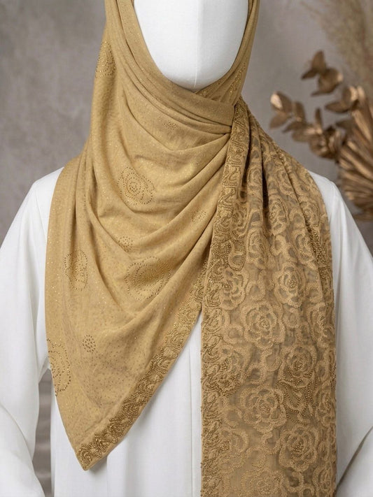 Fancy Stone Work Net (Burn Out) Scarf - Islamic Hijab | Skin Golden