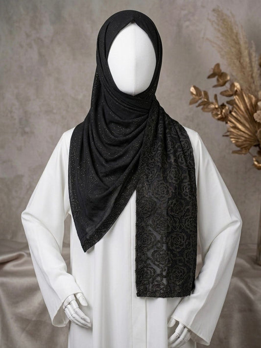 Fancy Stone Work Net (Burn Out ) Scarf - Islamic Hijab | Black