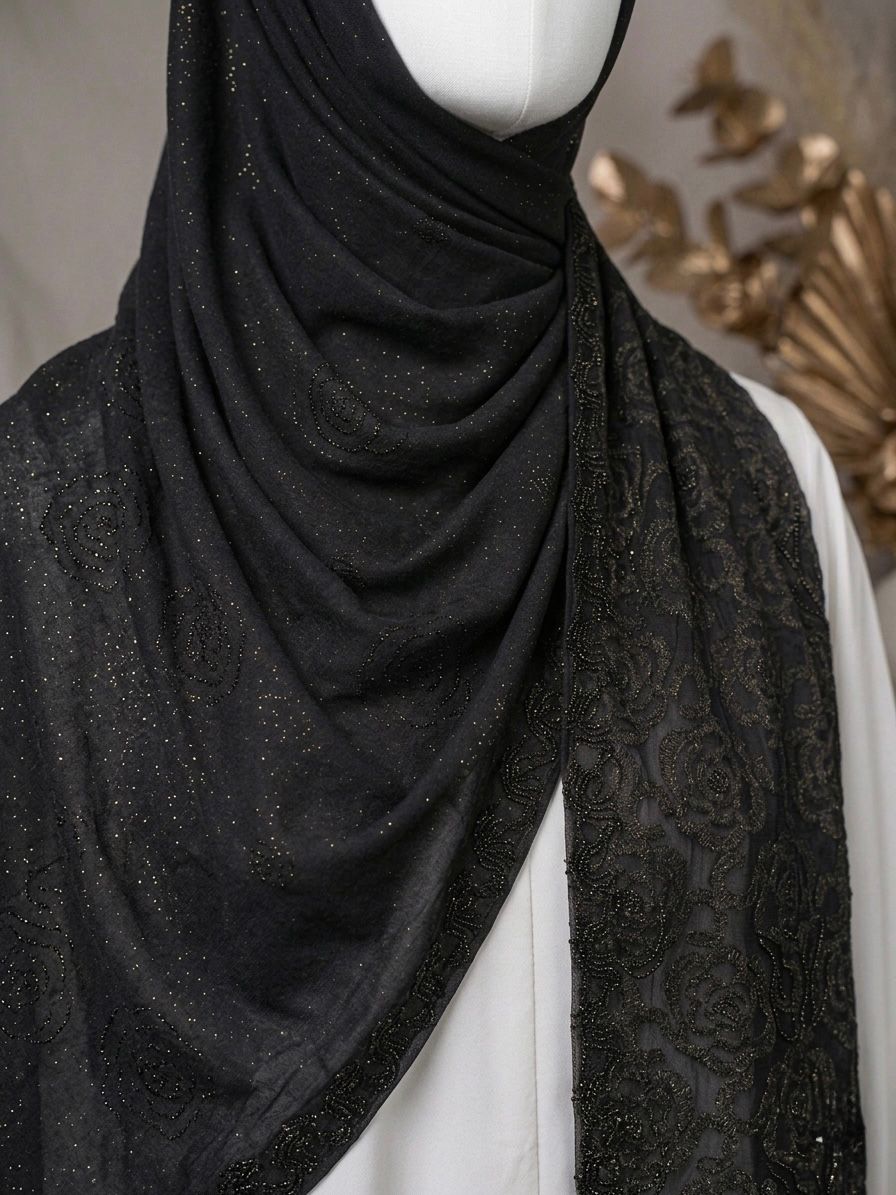 Fancy Stone Work Net (Burn Out ) Scarf - Islamic Hijab | Black