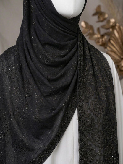 Fancy Stone Work Net (Burn Out ) Scarf - Islamic Hijab | Black
