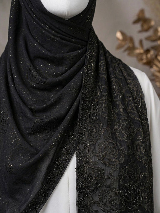 Fancy Stone Work Net (Burn Out ) Scarf - Islamic Hijab | Black