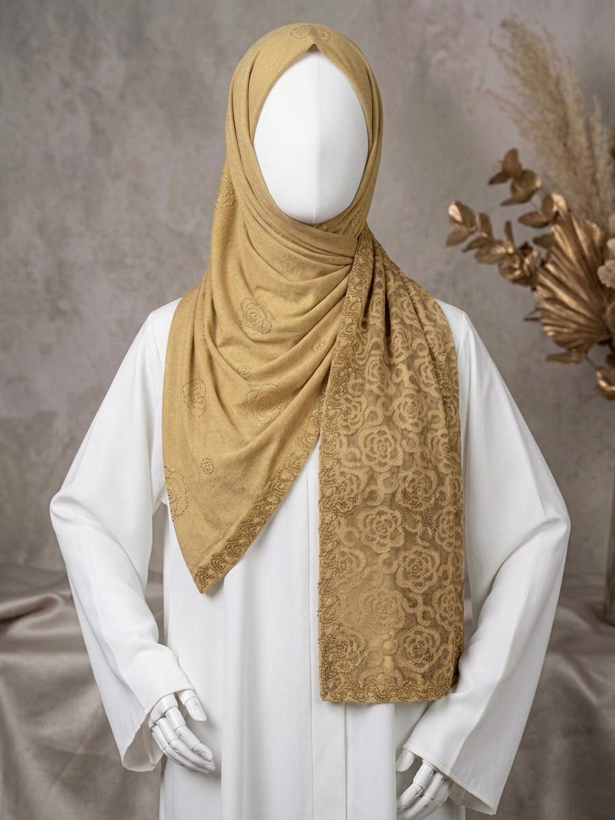 Fancy Stone Work Net (Burn Out) Scarf - Islamic Hijab | Skin Golden