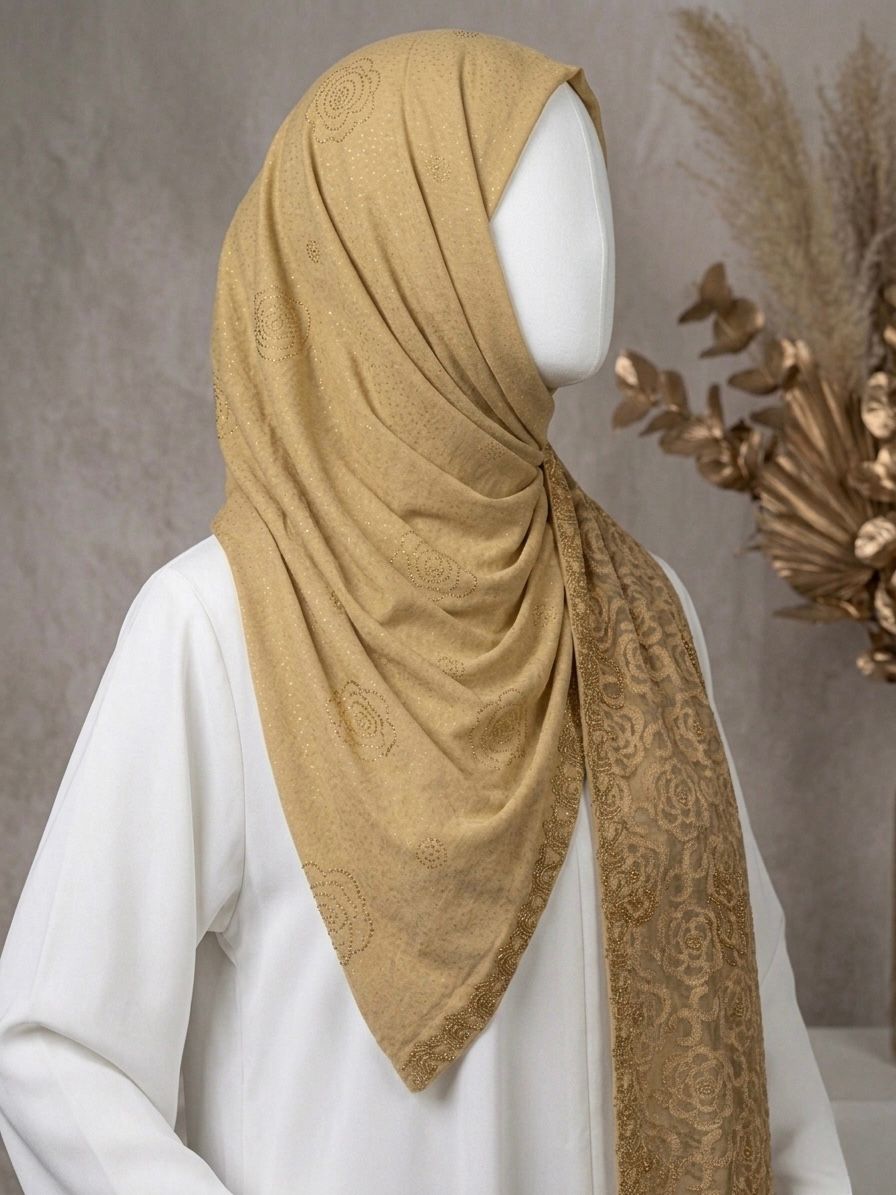 Fancy Stone Work Net (Burn Out) Scarf - Islamic Hijab | Skin Golden