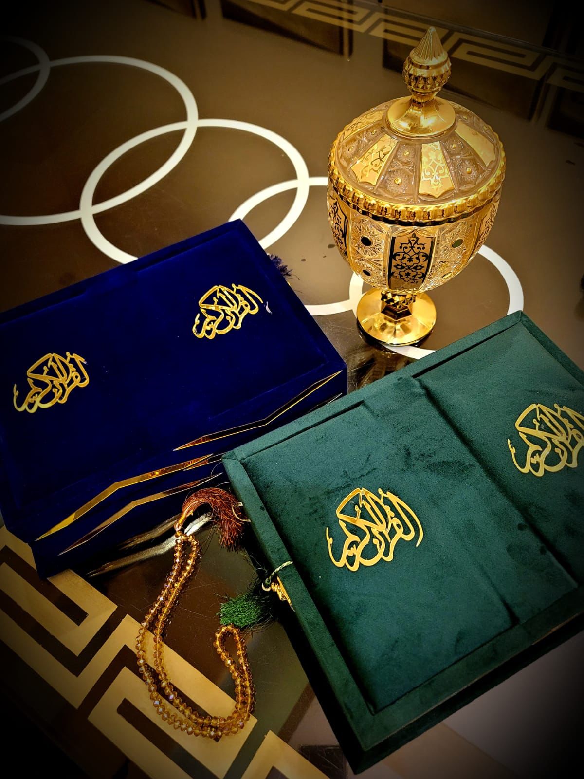 Green Meadown Bridal Velvet Quran Set with Green Quilted Foam Janamaz (Velvet Quran , velvet Rahal Box , Ittar , tasbeeh , Janamz , carton box , Plastic Gift Bag)