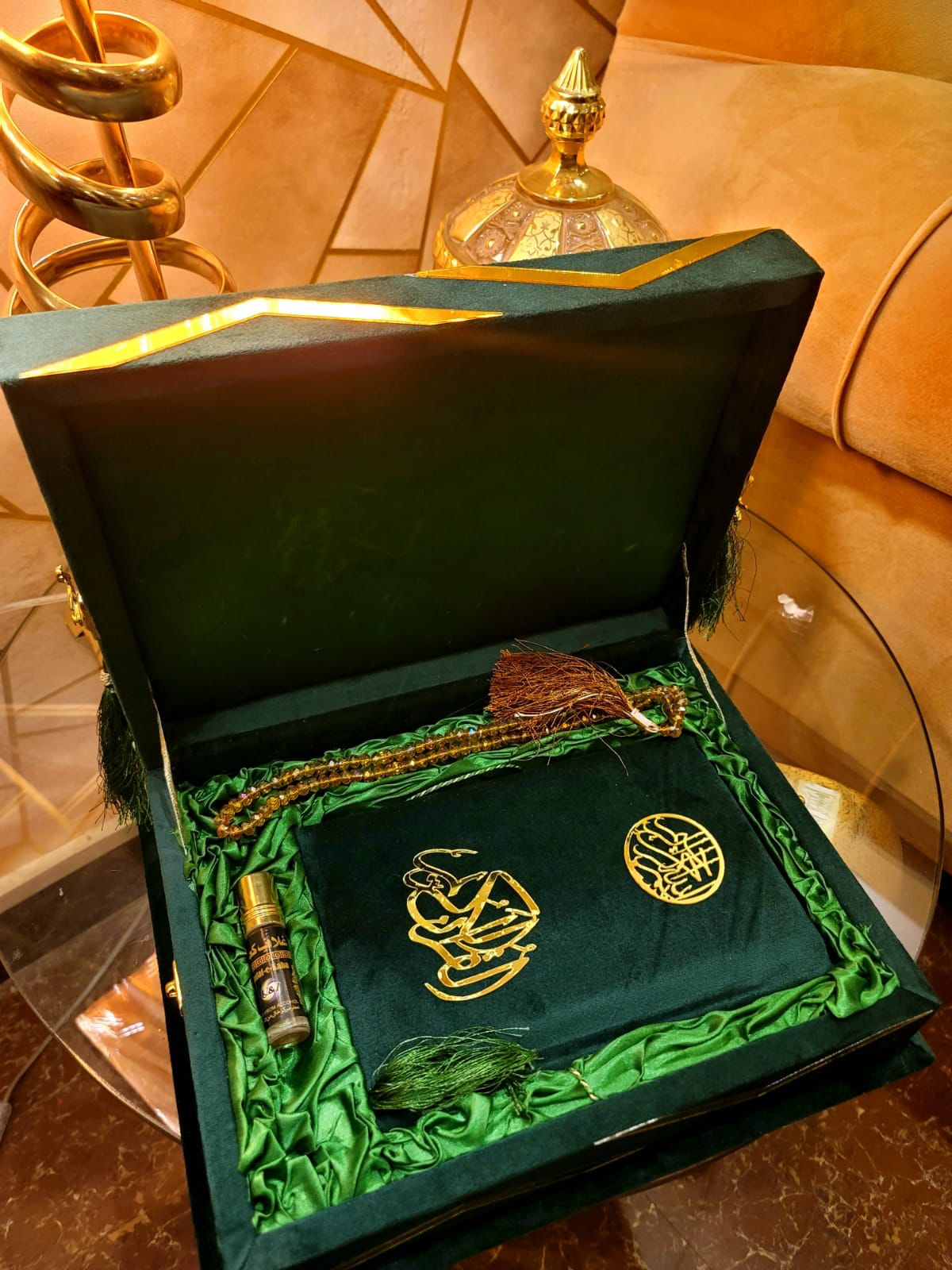 Green Meadown Bridal Velvet Quran Set with Green Quilted Foam Janamaz (Velvet Quran , velvet Rahal Box , Ittar , tasbeeh , Janamz , carton box , Plastic Gift Bag)