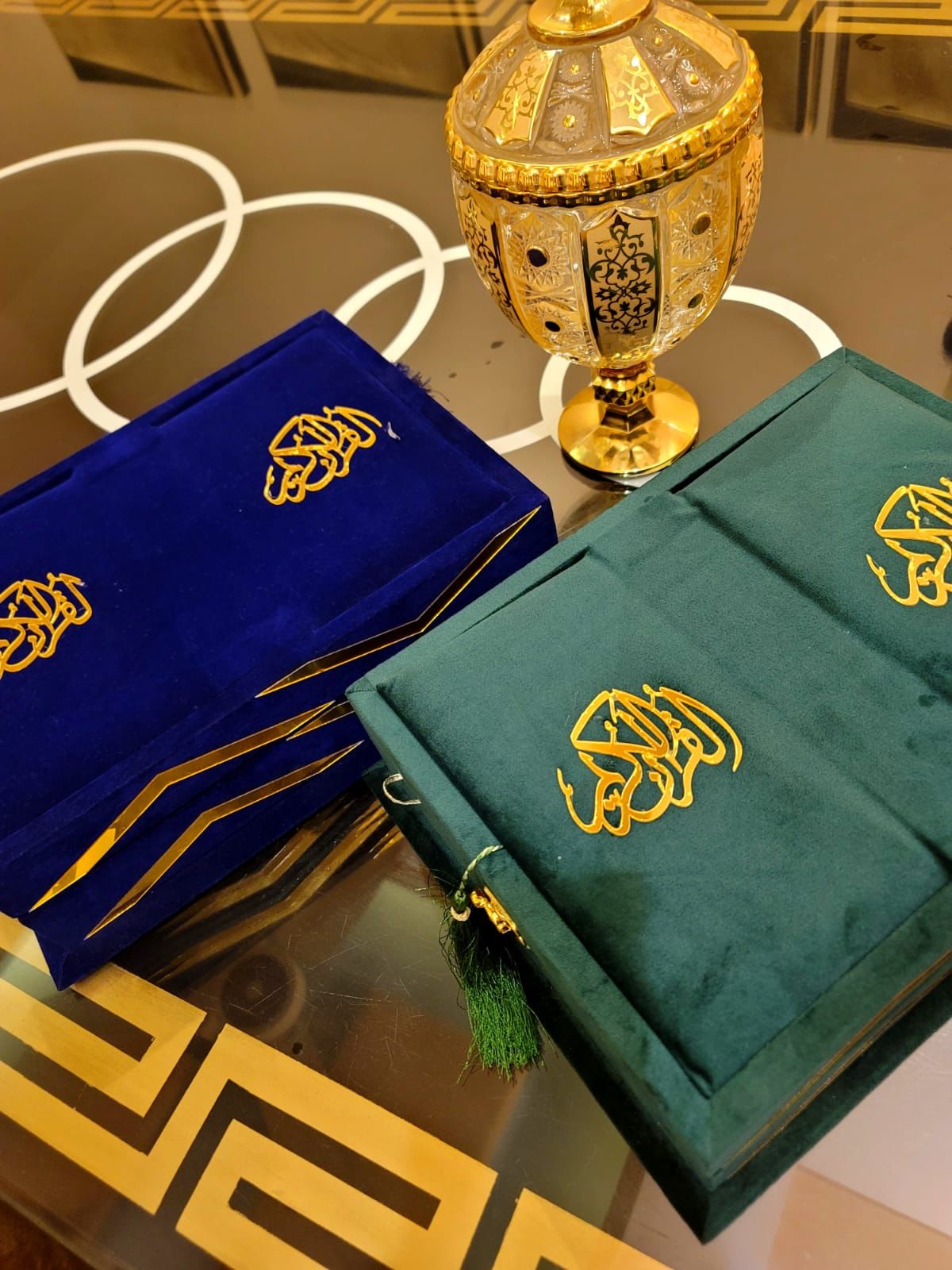 Blue Navy Velvet Quran Set (Tasbeeh , Ittar , Velvet Rahal Box , Velvet Quran)