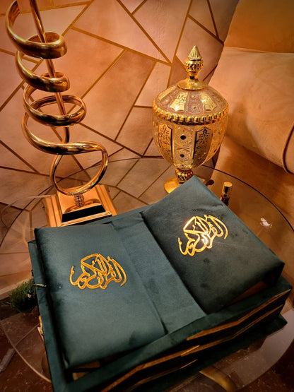 Green Meadow Velvet Quran Set (Tasbeeh , Ittar , Velvet Rahal Box , Velvet Quran)