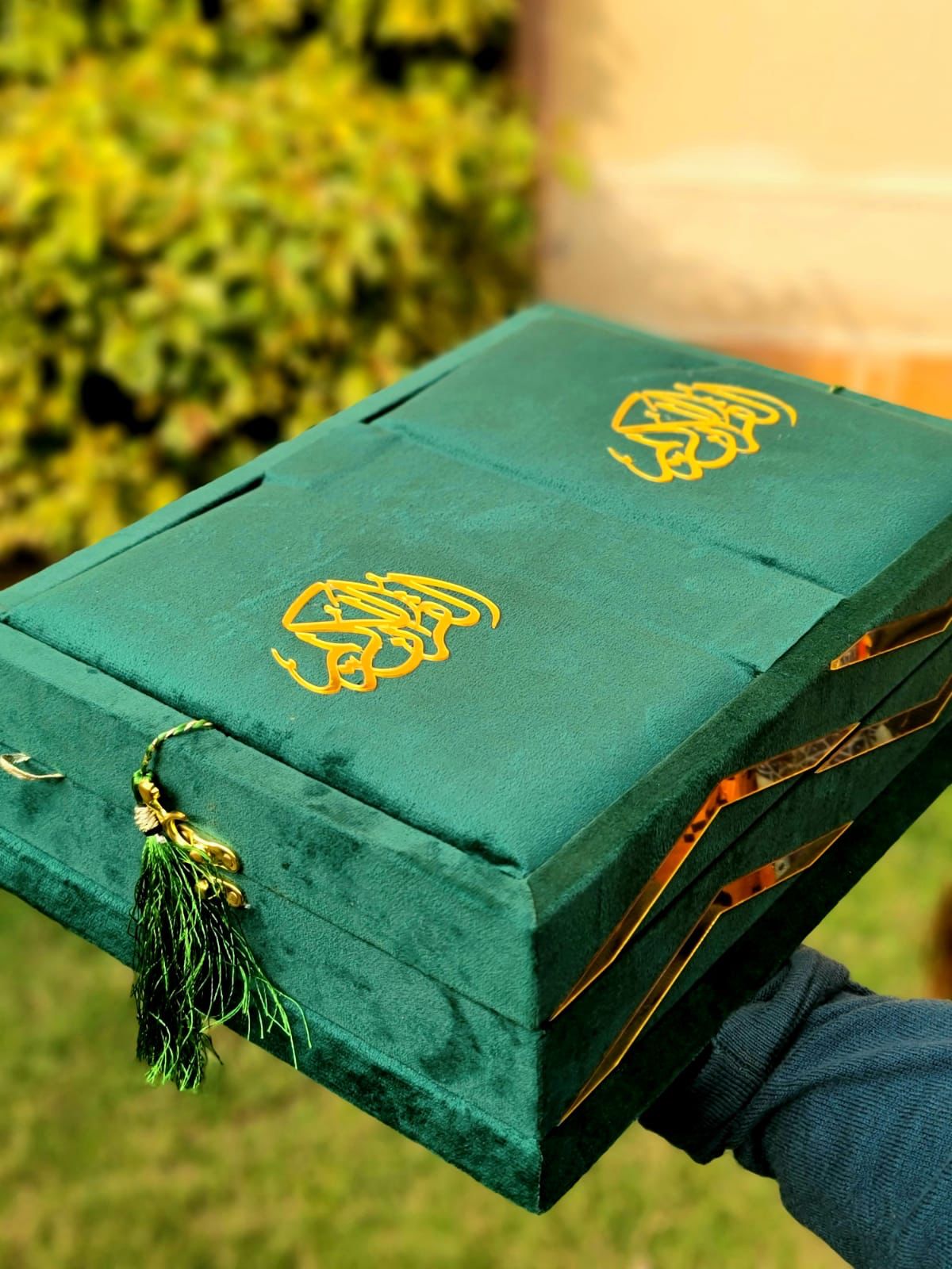 Green Meadown Bridal Velvet Quran Set with Green Quilted Foam Janamaz (Velvet Quran , velvet Rahal Box , Ittar , tasbeeh , Janamz , carton box , Plastic Gift Bag)