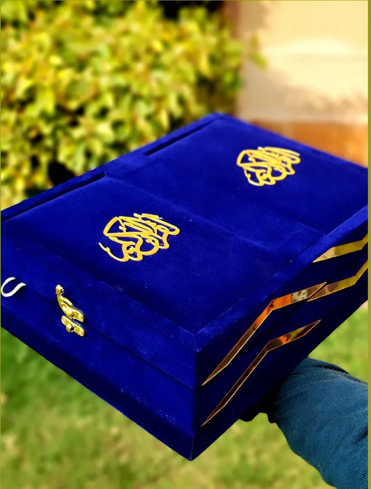 Blue Velvet Bridal Quran Set (Ittar , Tasbeeh , Rahal Box , Velvet Quran , Velvet prayer mat)