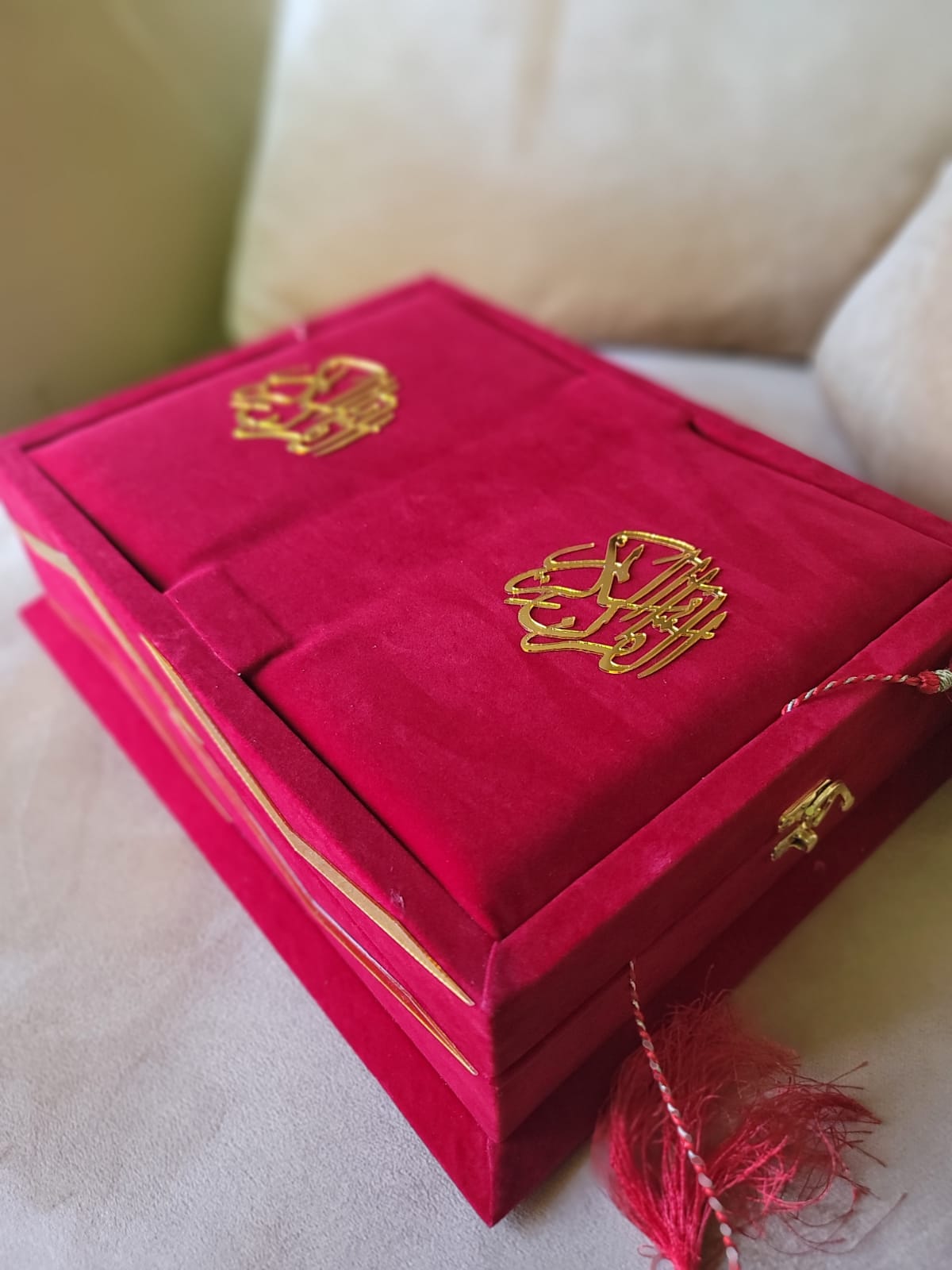 Ruby Red Velvet Quran Set (Tasbeeh , Ittar , Velvet Rahal Box , Velvet Quran)