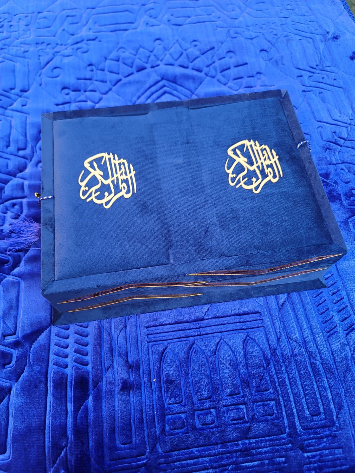 Blue Velvet Bridal Quran Set (Ittar , Tasbeeh , Rahal Box , Velvet Quran , Velvet prayer mat)