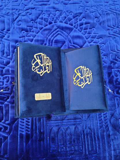 Blue Velvet Bridal Quran Set (Ittar , Tasbeeh , Rahal Box , Velvet Quran , Velvet prayer mat)