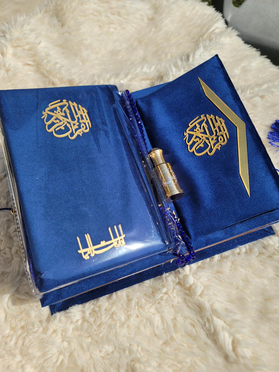 Blue Navy Velvet Quran Set (Tasbeeh , Ittar , Velvet Rahal Box , Velvet Quran)