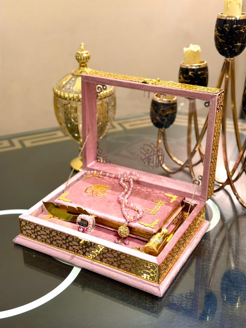 Ziwaj Pink Transparent Velvet Quran Set