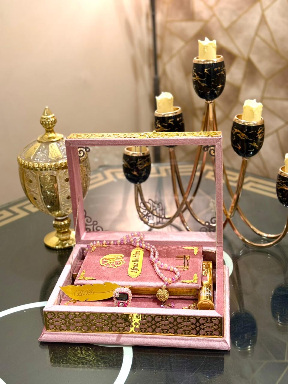 Ziwaj Pink Transparent Velvet Quran Set