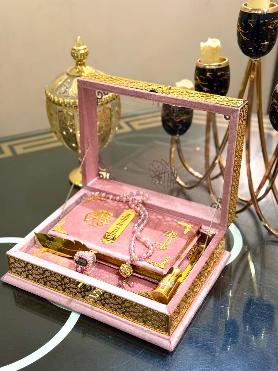 Ziwaj Pink Transparent Velvet Quran Set