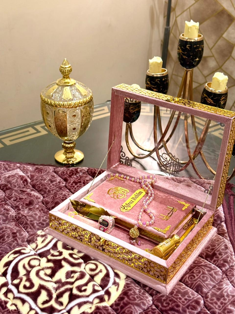 Ziwaj Pink Transparent Velvet Quran Set