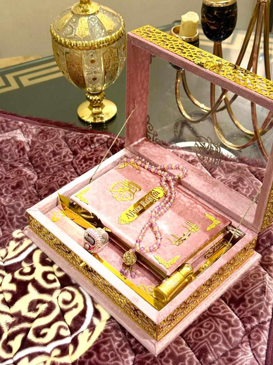 Ziwaj Pink Transparent Velvet Quran Set