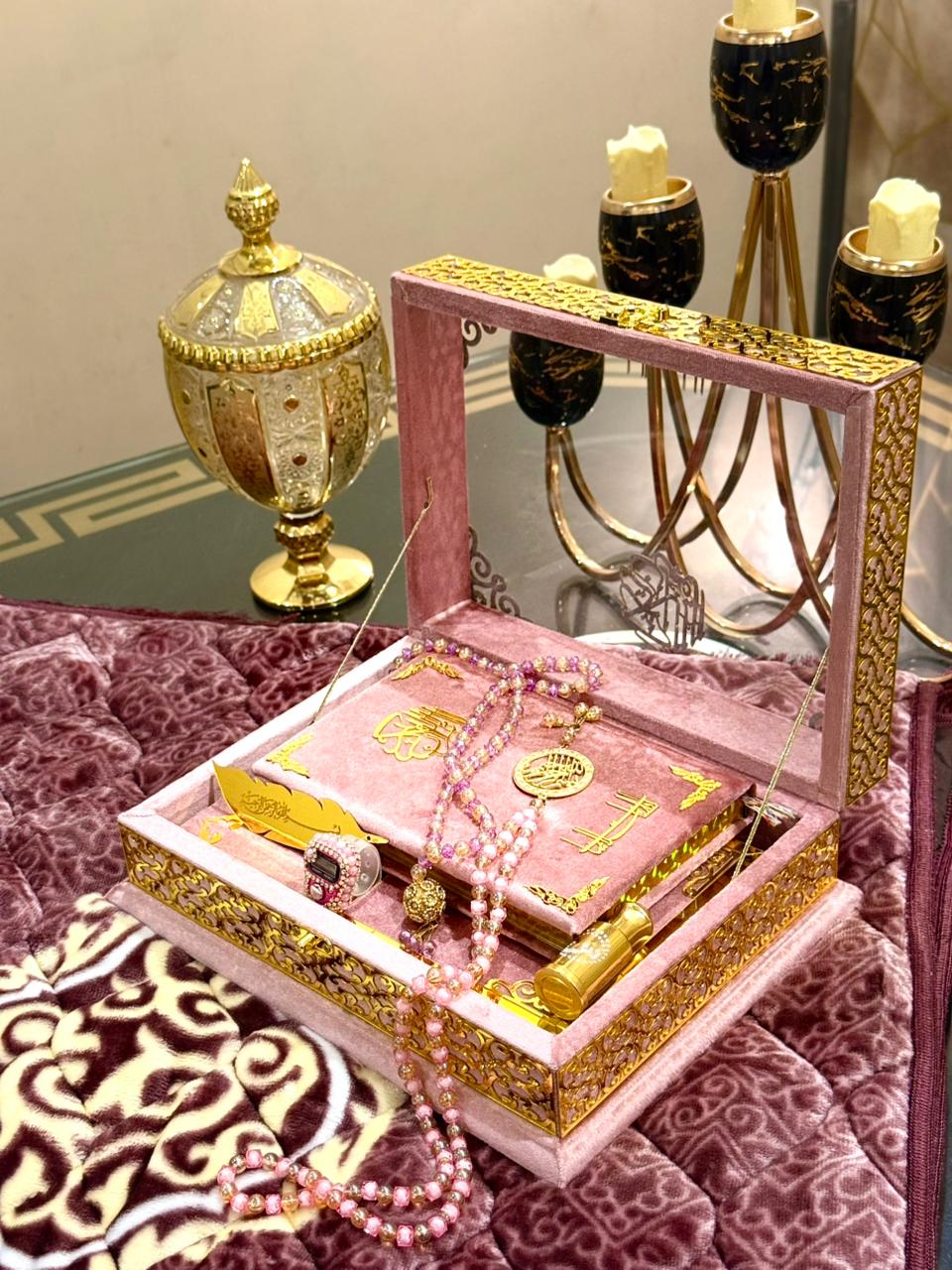 Ziwaj Pink Transparent Velvet Quran Set