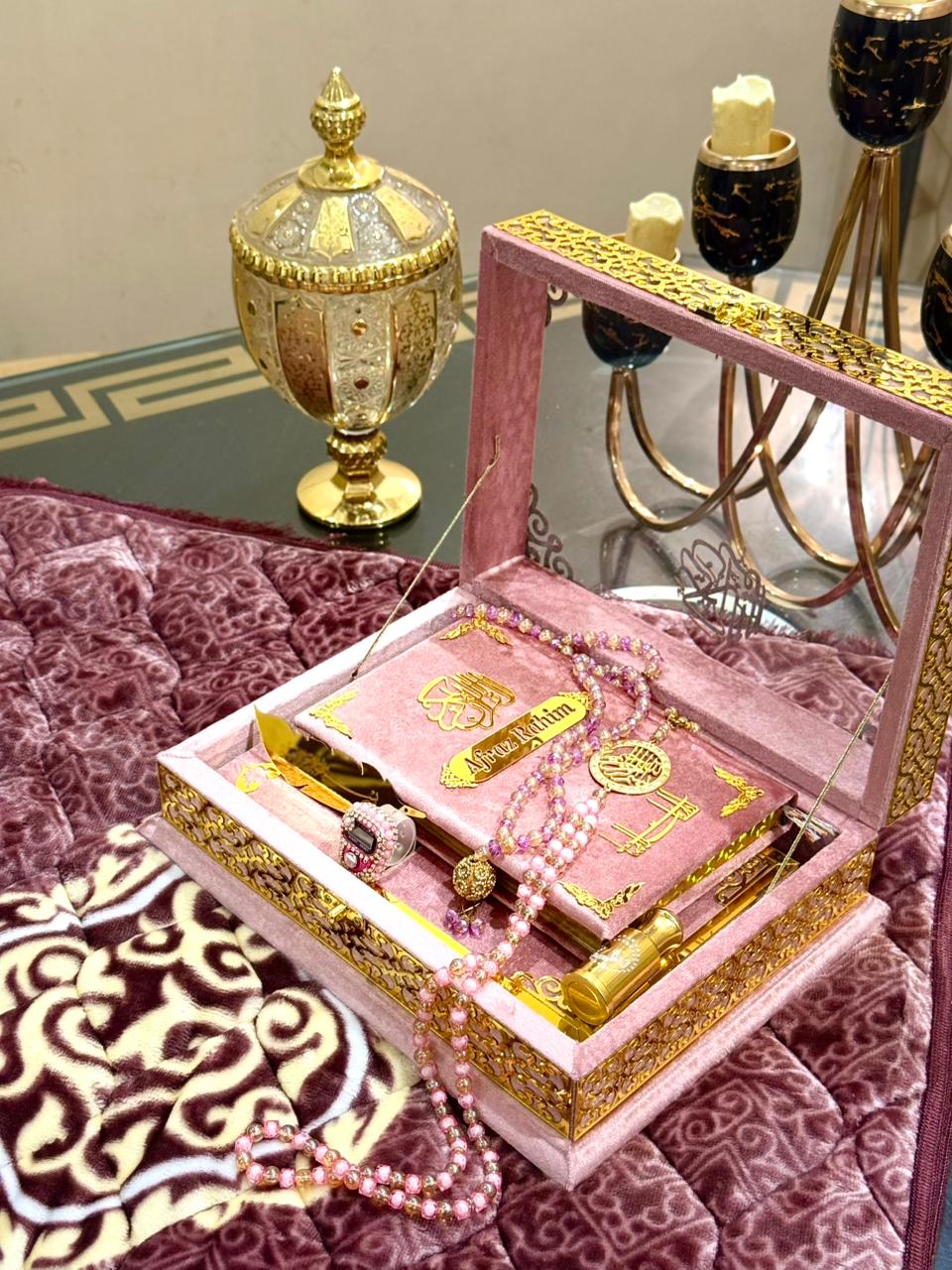 Ziwaj Pink Transparent Velvet Quran Set