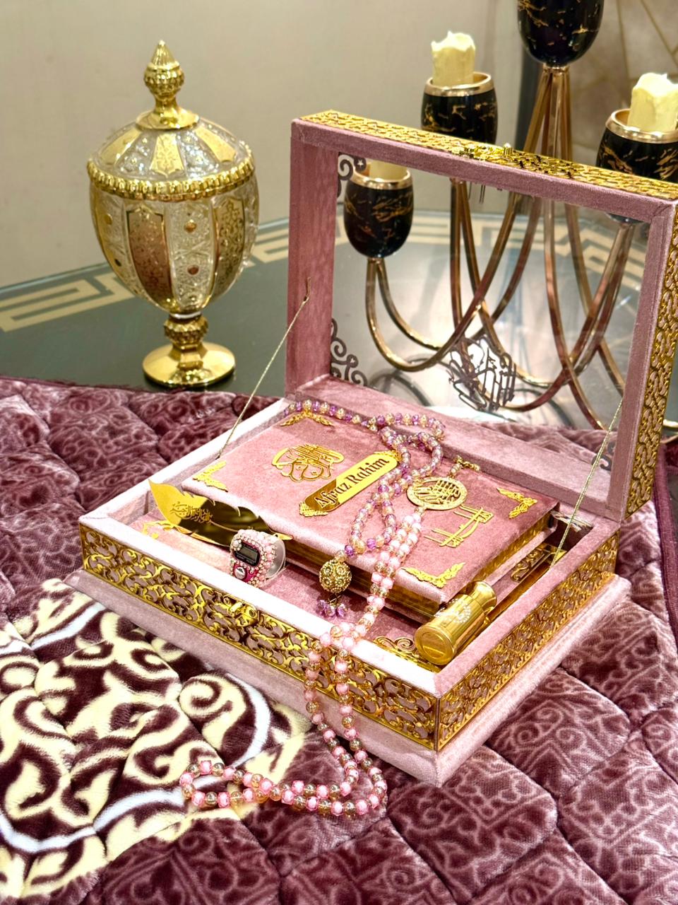 Ziwaj Pink Transparent Velvet Quran Set
