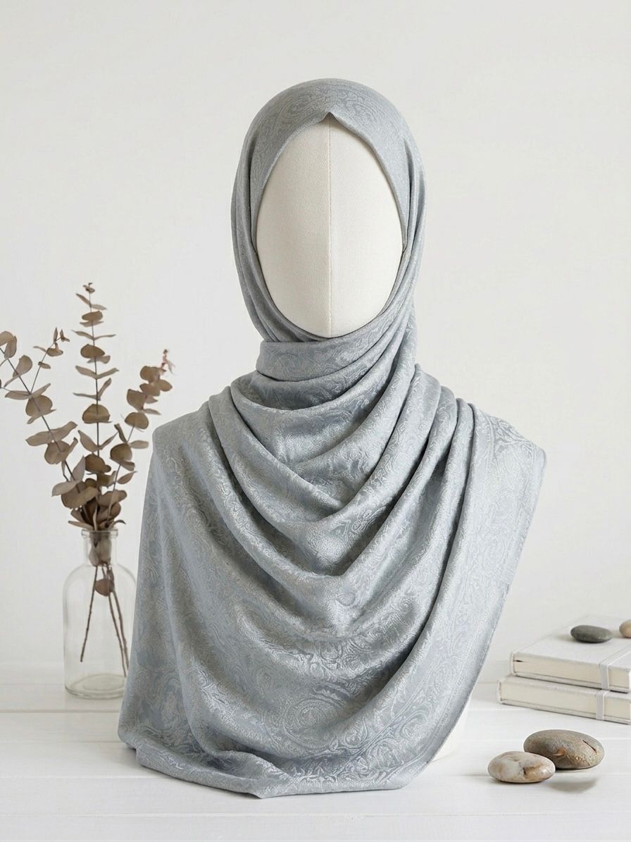 Fancy Self-Print Party Wear Scarf - Islamic Hijab | Light Grey