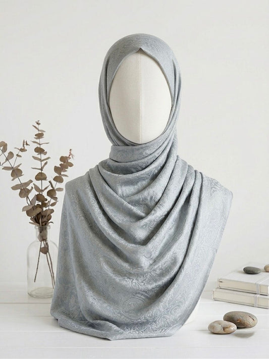 Fancy Self-Print Party Wear Scarf - Islamic Hijab | Light Grey
