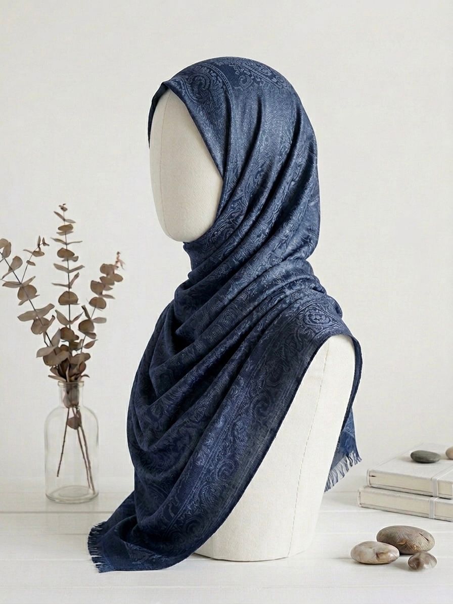 Fancy Self-Print Party Wear Scarf  - Islamic Hijab | Blue