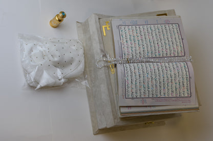 Pearl White Tazkira Quran Set (Ittar  , Scarf Gold Plated Tasbeeh, Janamz)