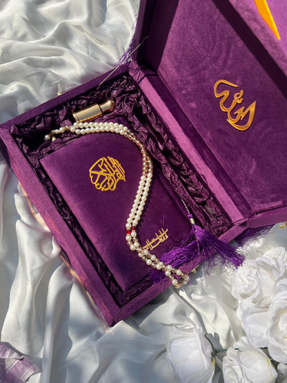 Purple Velvet Gift Quran Set ( Ittar , Matching Tasbeeh ,Rahal Box , Velvet Quran , Carton Box , Delivery Free)