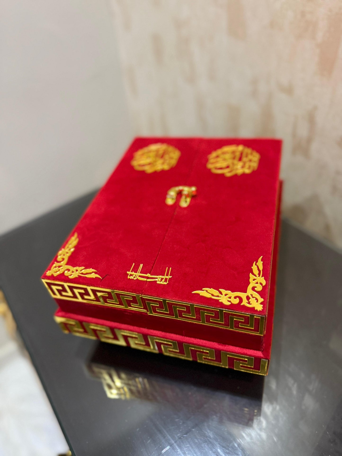 Al Kitab Red Bridal Quran Set , Standing Rahl Box , Velvet Quran , Counter Tasbeeh ,Matching Tabsbeeh , Bookmark , Matching Janamz , Customise Name