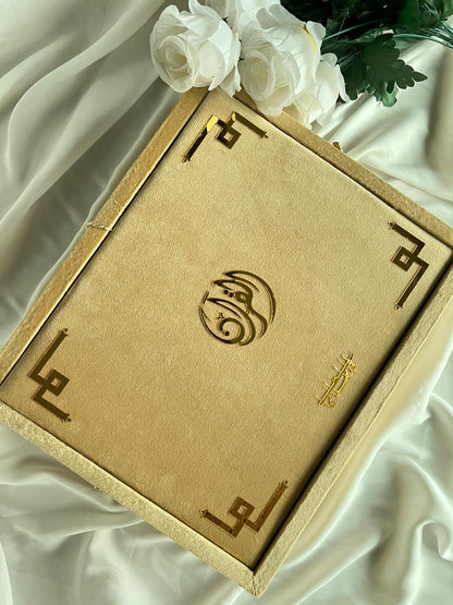 Tazkira Golden Quran Set with Matching Scarf , Gold Plated Tasbeeh , Ittar oud , Velvet Quran , Rahal Box Inclined and Prayer Mat