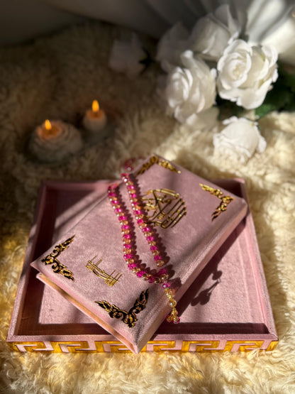 Al Kitab Pink Velvet Standing Quran Set , Standing Rahl Box , Velvet Quran , Counter Tasbeeh ,Matching Tabsbeeh , Bookmark , Matching Janamz , Customise Name