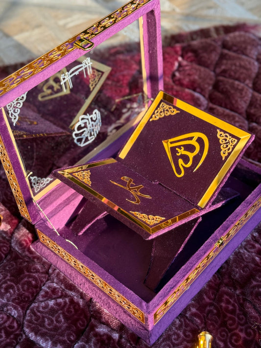 Ziwaj Purple Transparent Set ,Velvet Rahal, Velvet Box , Ittar , Tasbeeh , Counter , Prayer Mat