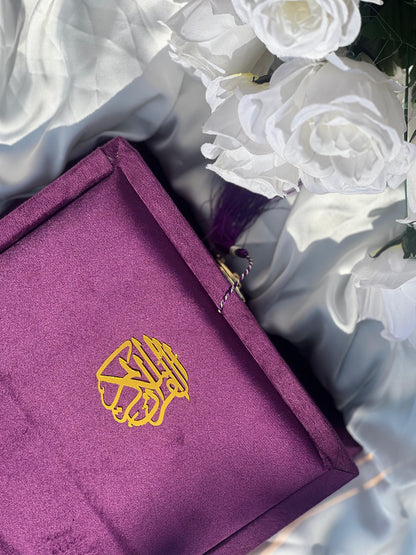 Purple Velvet Gift Quran Set ( Ittar , Matching Tasbeeh ,Rahal Box , Velvet Quran , Carton Box , Delivery Free)
