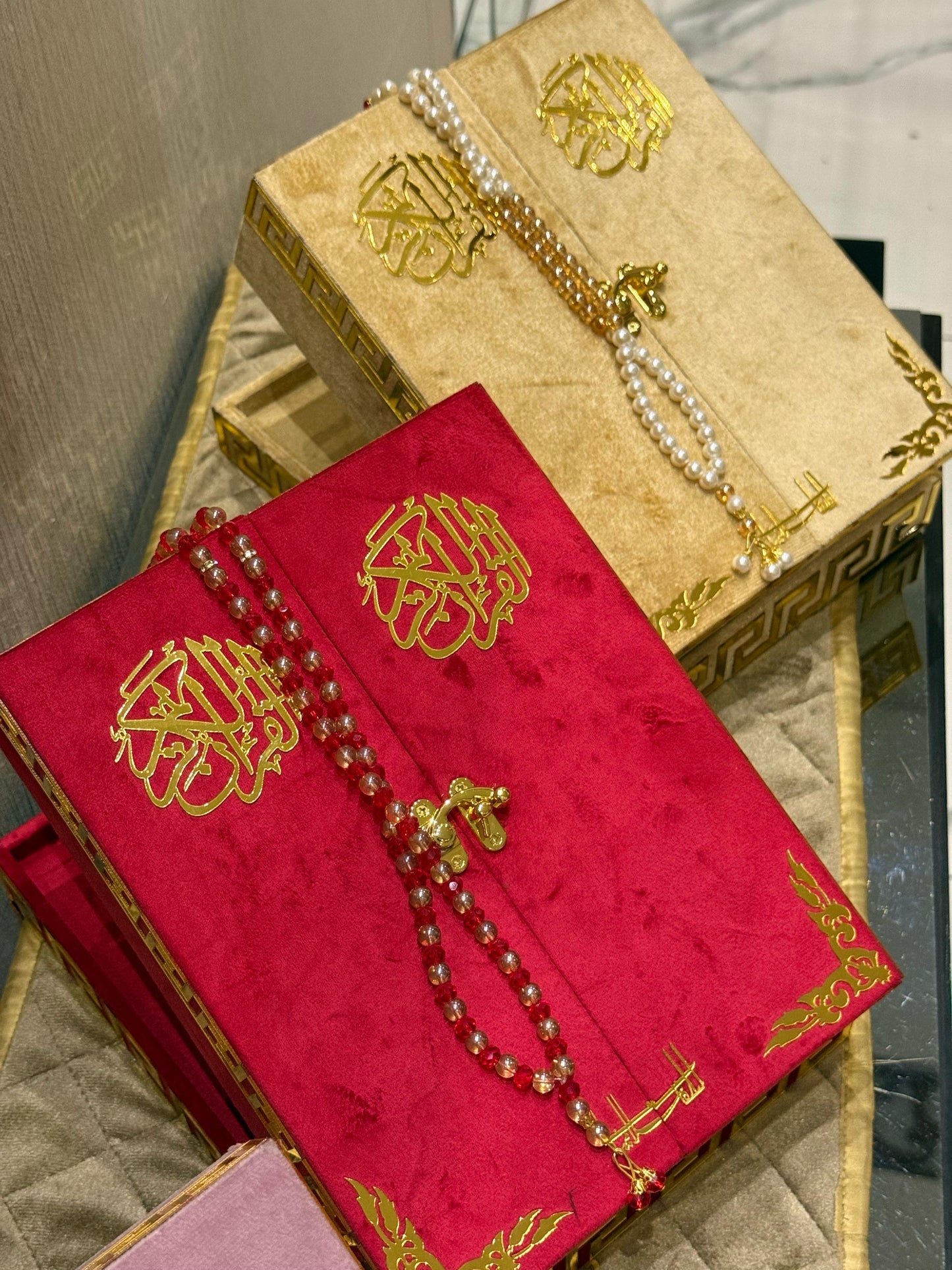 Al Kitab Golden Velvet Standing Quran Set, Standing Rahl Box , Velvet Quran , Counter Tasbeeh ,Matching Tabsbeeh , Bookmark , Matching Janamz , Customise Name