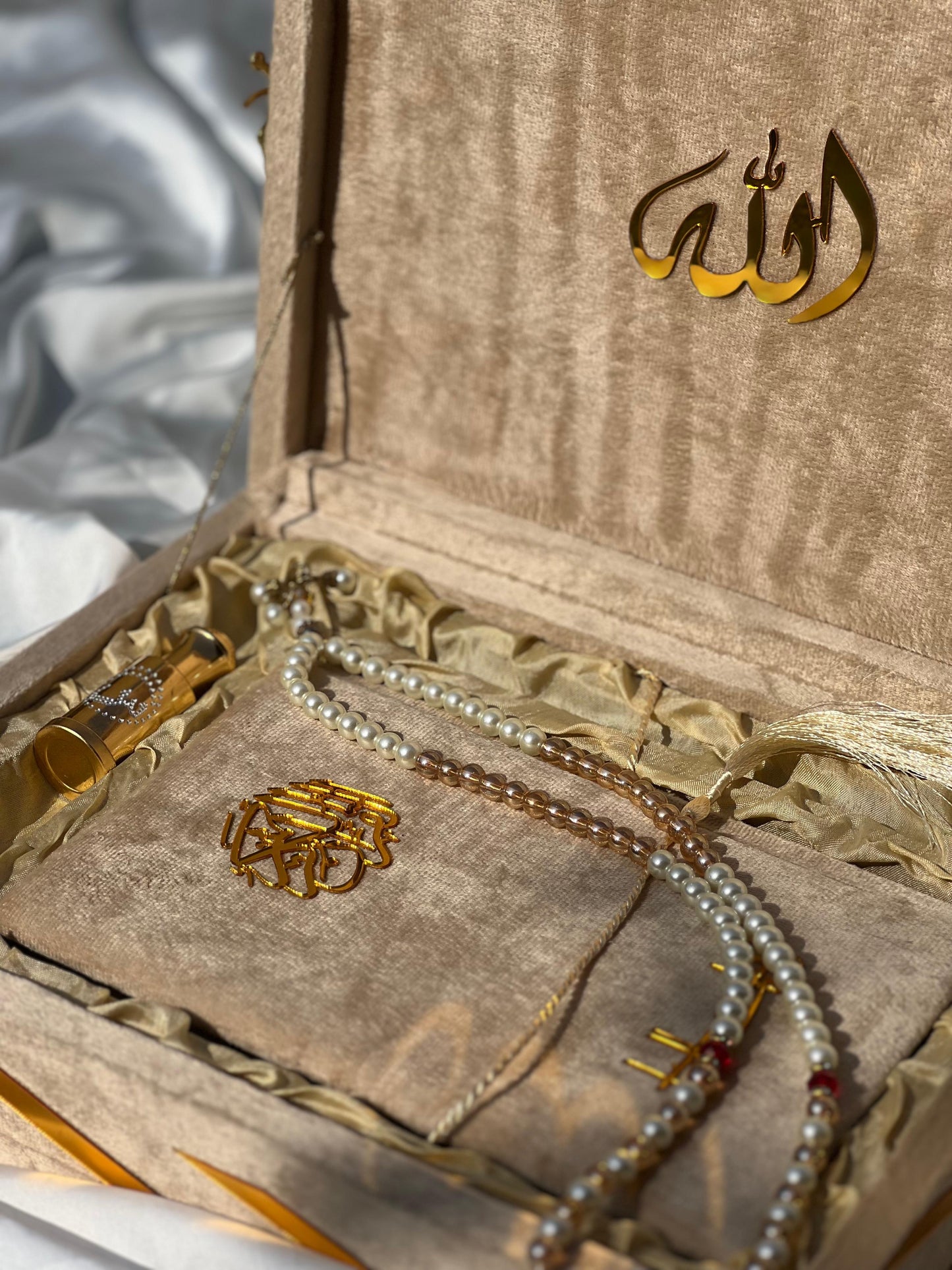 Golden Velvet Bridal Quran Set ( Ittar , Tasbeeh , Rahal box , Velvet Quran)