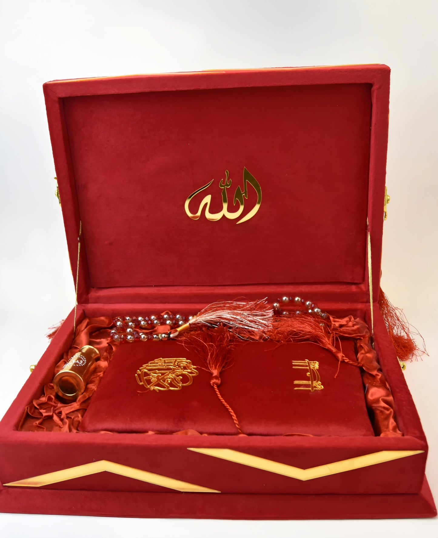 Ruby Red Velvet Quran Set (Tasbeeh , Ittar , Velvet Rahal Box , Velvet Quran)