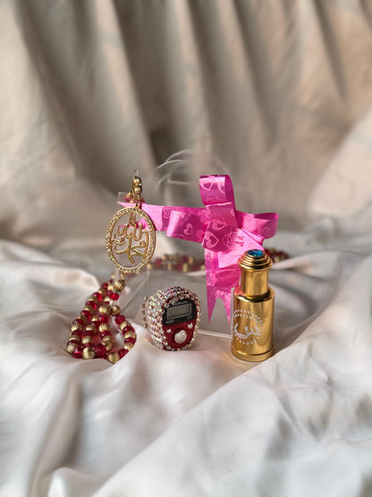Zikar Gift Box (Acrylic Gift Packing Box , White Oud , Gold Plated Cutomise Tasbeeh , Beads Counter )