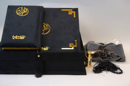 Black Velvet Tazkira Quran Set (Ittar , customise Tasbeeh Gold plated , scarf , Prayer Mat)