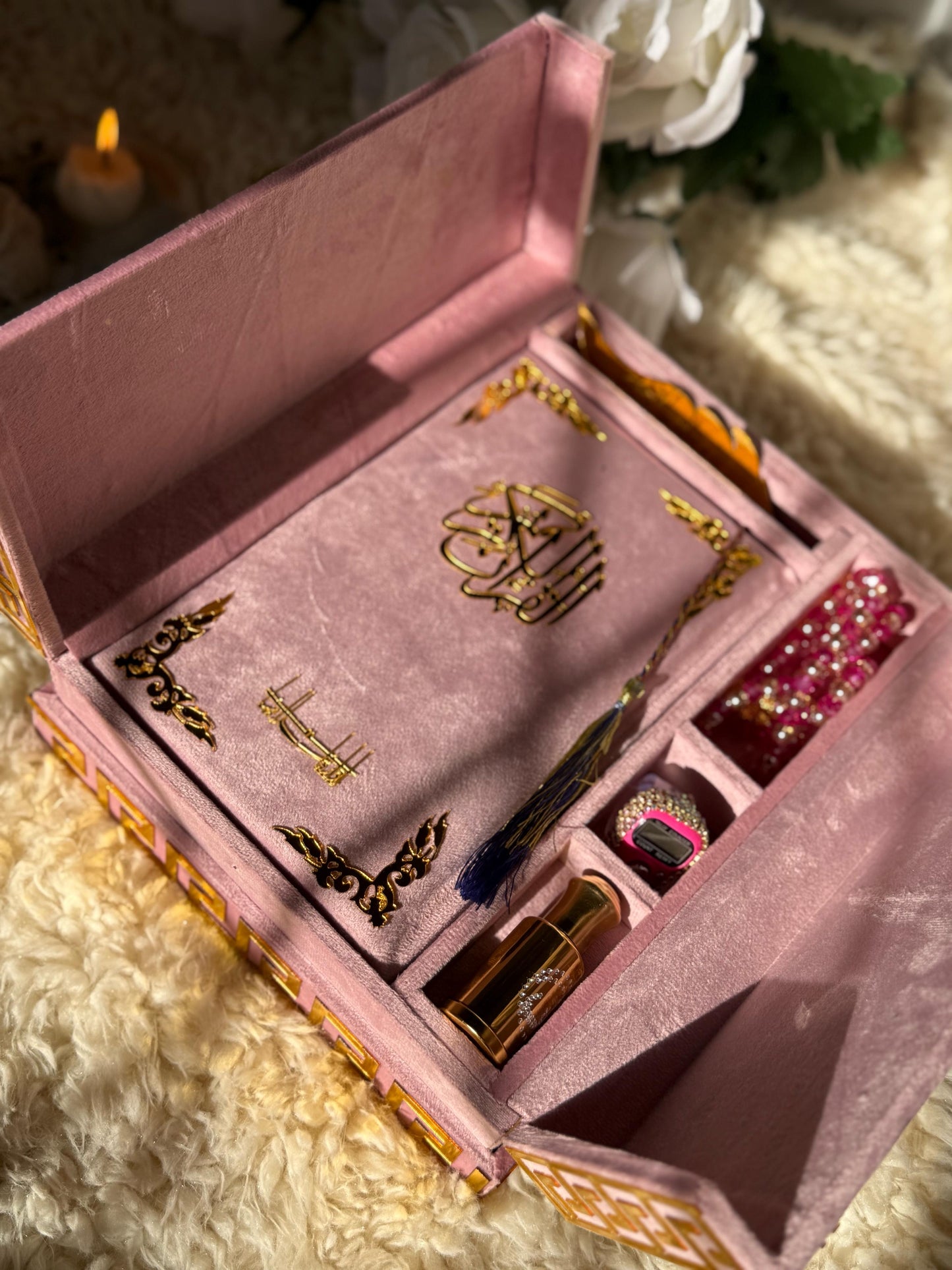 Al Kitab Pink Velvet Standing Quran Set , Standing Rahl Box , Velvet Quran , Counter Tasbeeh ,Matching Tabsbeeh , Bookmark , Matching Janamz , Customise Name