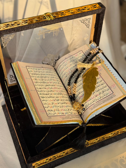 Ziwaj Quran Set , Transparent Bridal Velvet Black Quran Set , ittar , Tasbeeh , velvet Rahal , Counter Tasbeeh , Book Mark , Matching Janamz