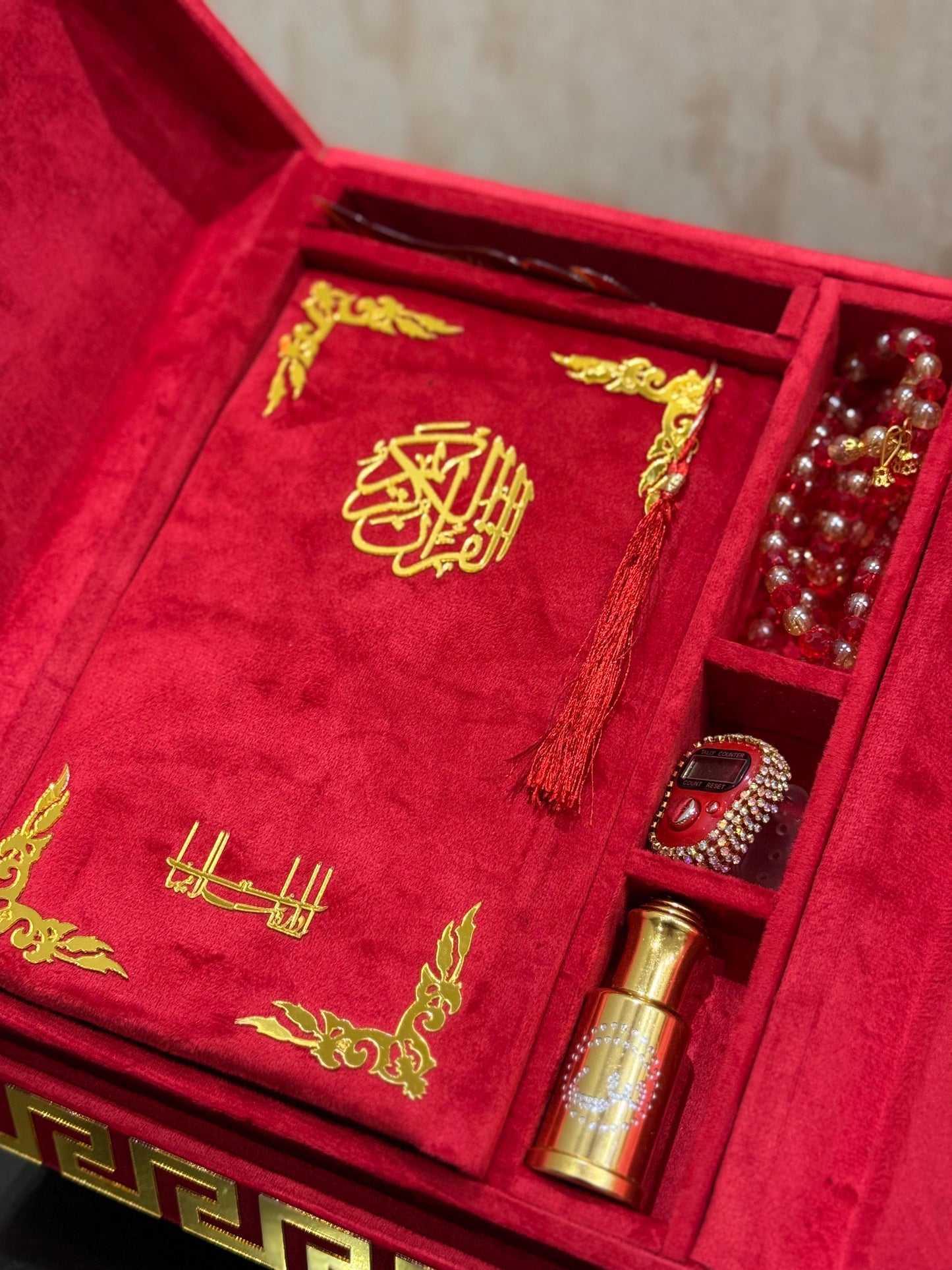 Al Kitab Red Bridal Quran Set , Standing Rahl Box , Velvet Quran , Counter Tasbeeh ,Matching Tabsbeeh , Bookmark , Matching Janamz , Customise Name