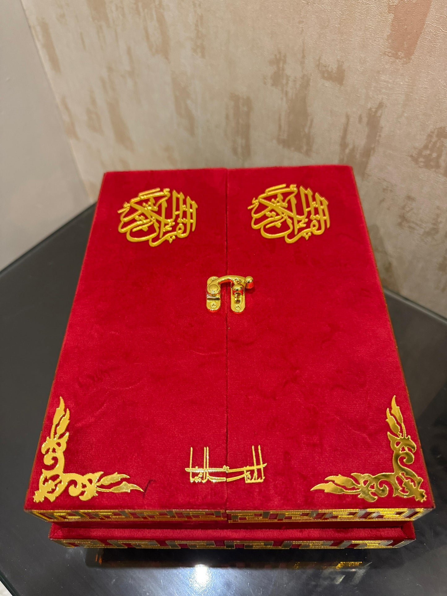 Al Kitab Red Bridal Quran Set , Standing Rahl Box , Velvet Quran , Counter Tasbeeh ,Matching Tabsbeeh , Bookmark , Matching Janamz , Customise Name