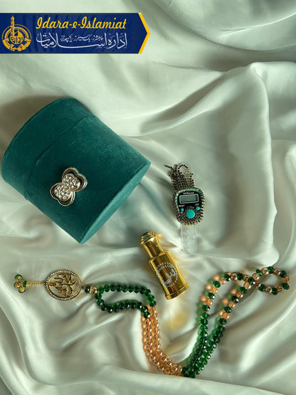 Velvet Tasbeeh box with ittar and Gold Plated Tasbeeh along with fancy counter