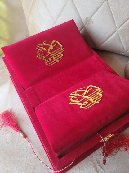 Ruby Red Velvet Quran Set (Tasbeeh , Ittar , Velvet Rahal Box , Velvet Quran)