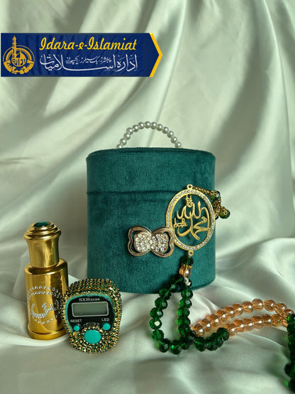 Velvet Tasbeeh box with ittar and Gold Plated Tasbeeh along with fancy counter