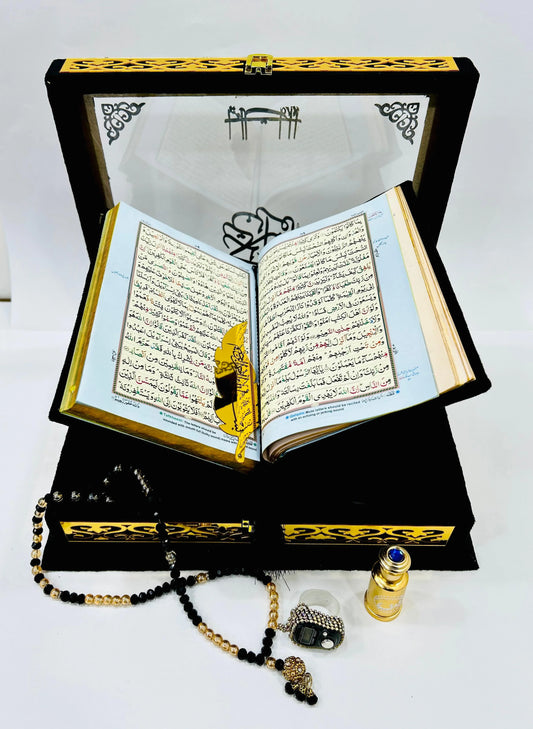 Ziwaj Quran Set , Transparent Bridal Velvet Black Quran Set , ittar , Tasbeeh , velvet Rahal , Counter Tasbeeh , Book Mark , Matching Janamz