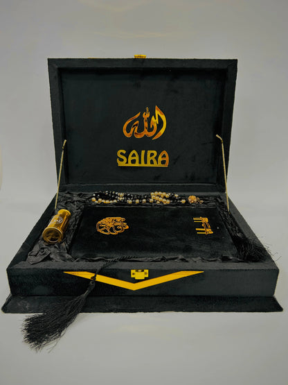 Black Velvet Tazkira Quran Set (Ittar , customise Tasbeeh Gold plated , scarf , Prayer Mat)