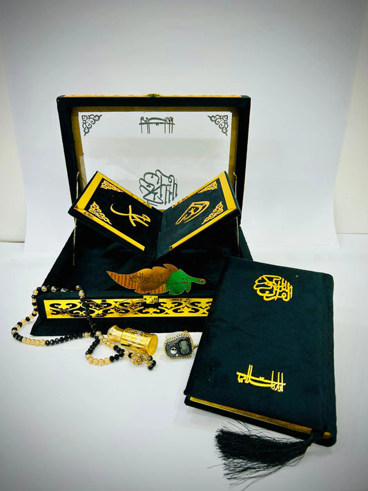 Ziwaj Quran Set , Transparent Bridal Velvet Black Quran Set , ittar , Tasbeeh , velvet Rahal , Counter Tasbeeh , Book Mark , Matching Janamz
